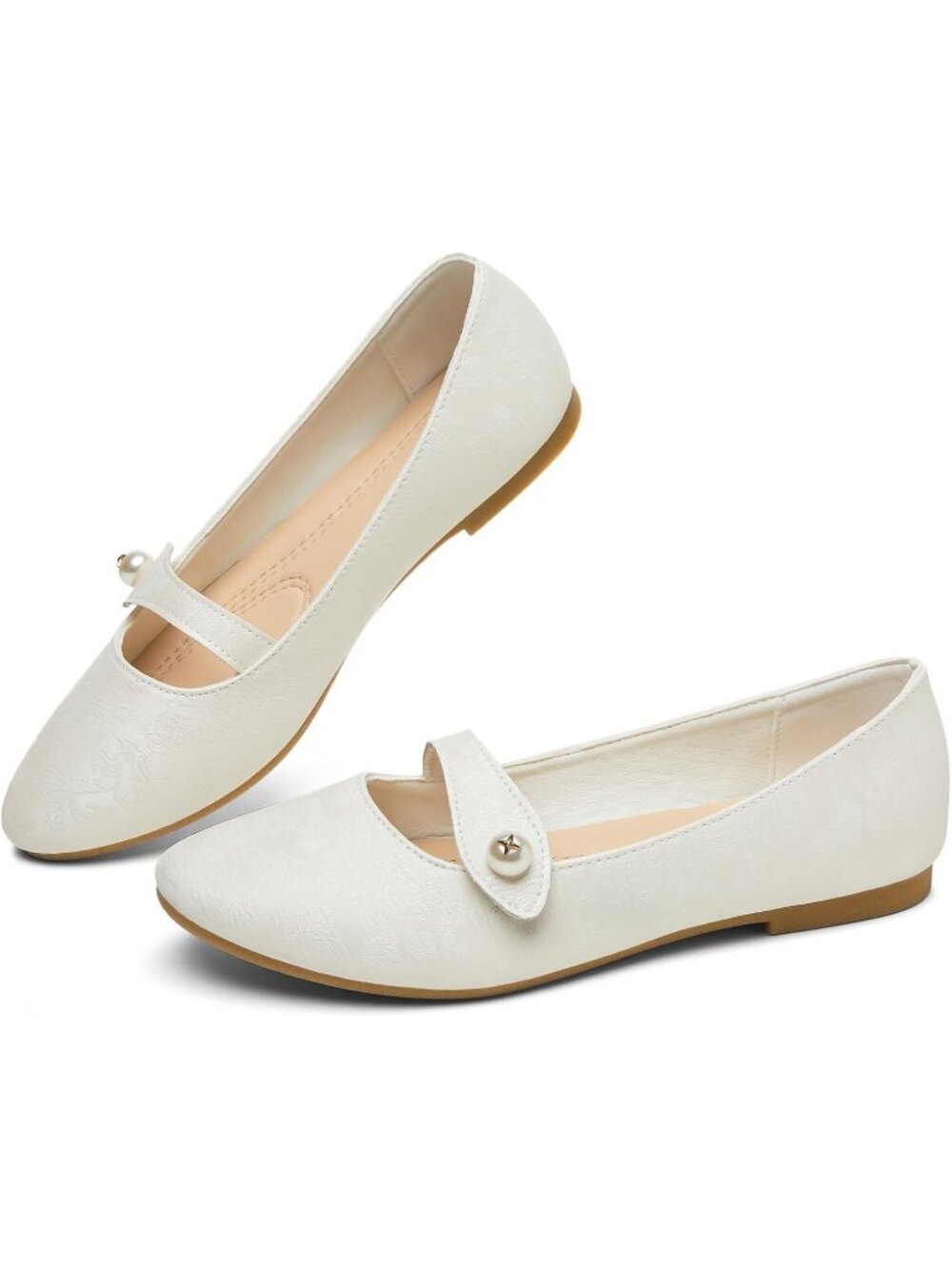 Women's White Leather Mary Jane Floral Print Ballet Flats Pearl Buckle shoes